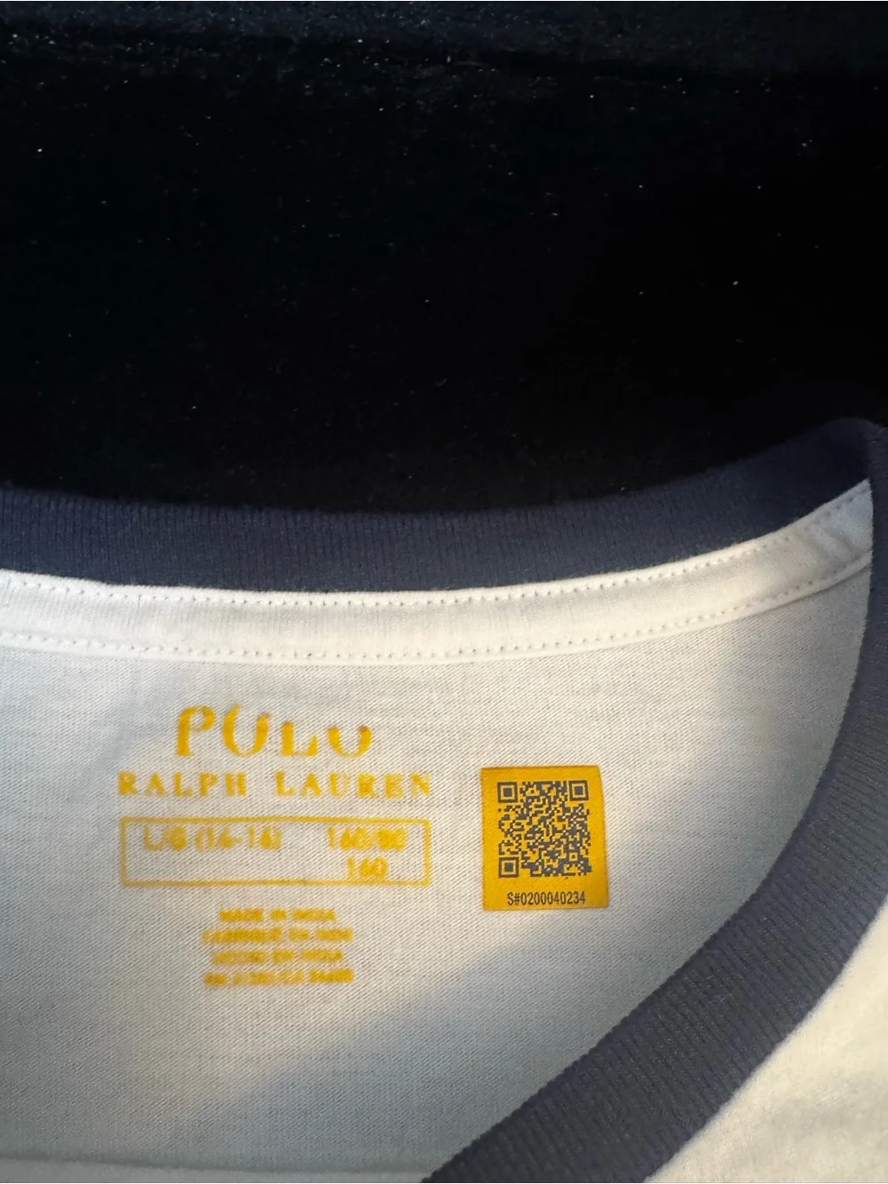Ralph Lauren White Ringer Tee with Navy Trim and Multicolor Embroidered POLO